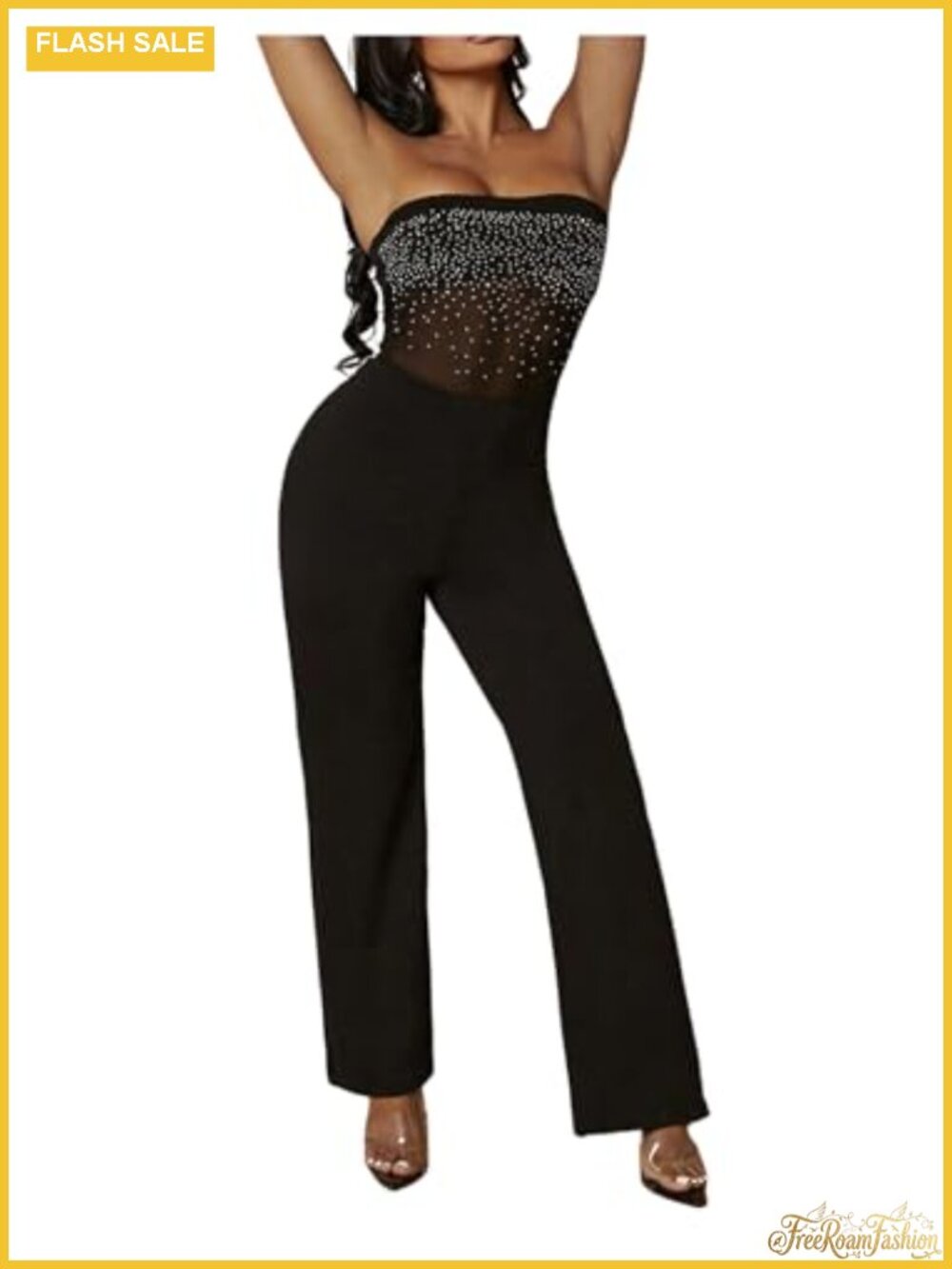 Strapless Rhinestone Jumpsuit Bodysuit Glitter Mesh Stretch